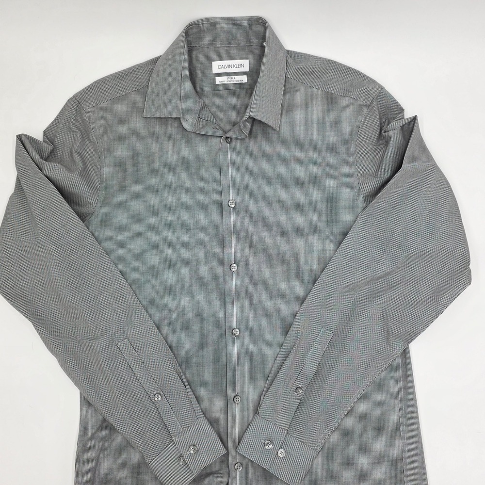 Calvin Klein Steel+ Mens Slim Fit Stretch Non-Iron Dress Shirt Gray Micro Check